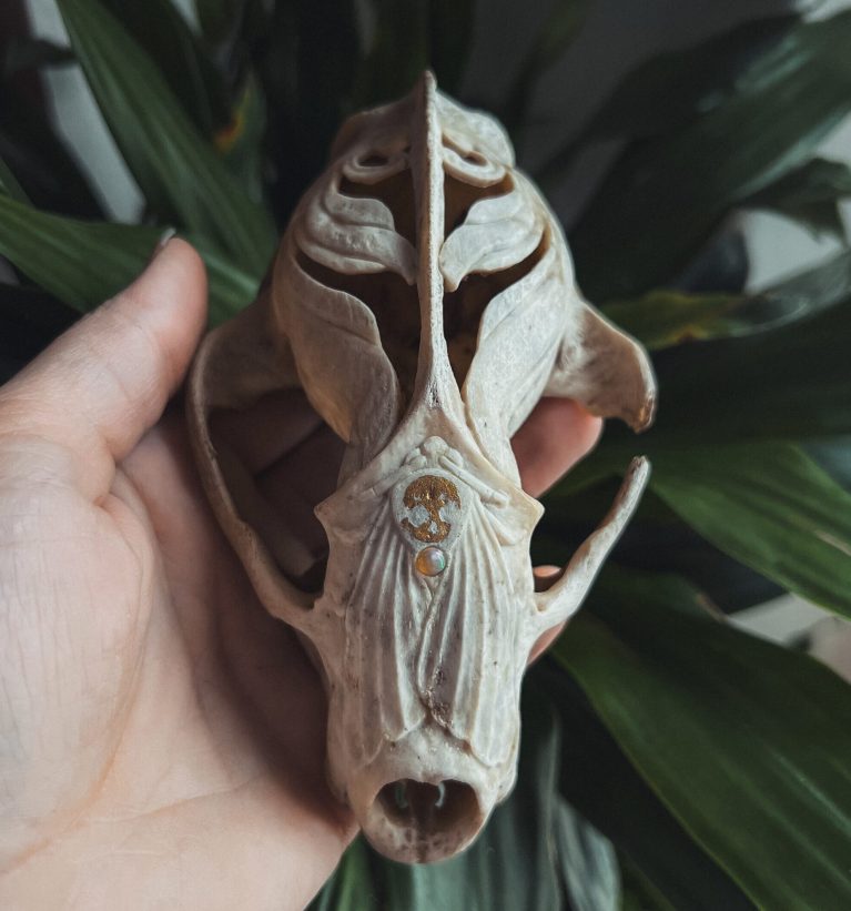 Teschio di tasso decorato con sfondo naturale