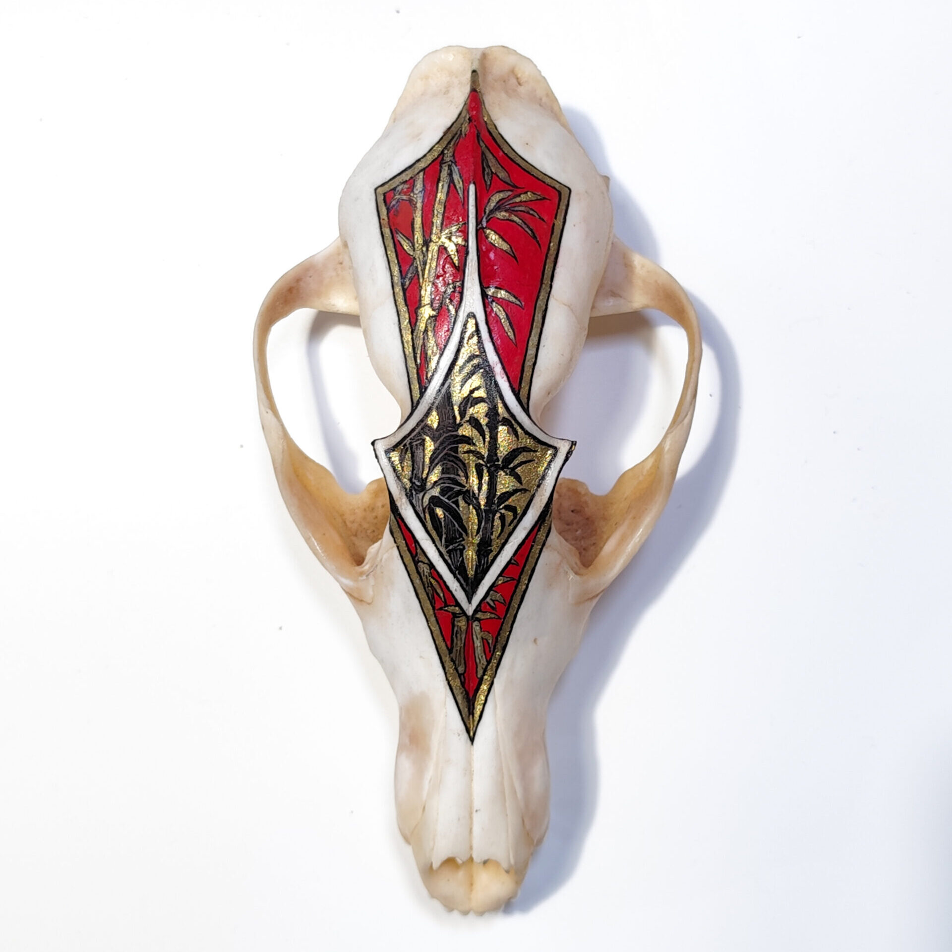 Cranio di volpe decorato a mano con inchiostro, guache e acquerello raffigurante bambù, simbolo di protezione e resilienza. (16x8.5x6 cm).